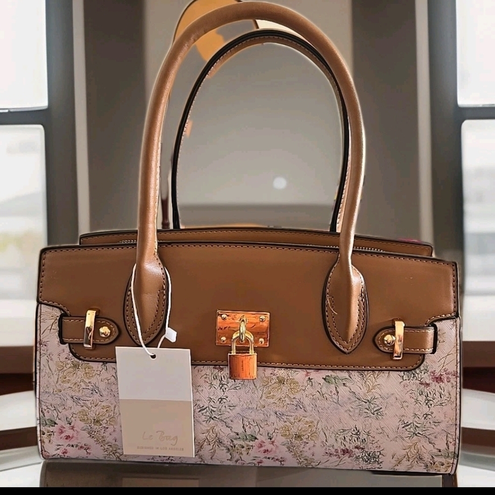 Le Bag Satchel Handbag Spring Floral Purse With Gold Accents Shoulder Strap NWT